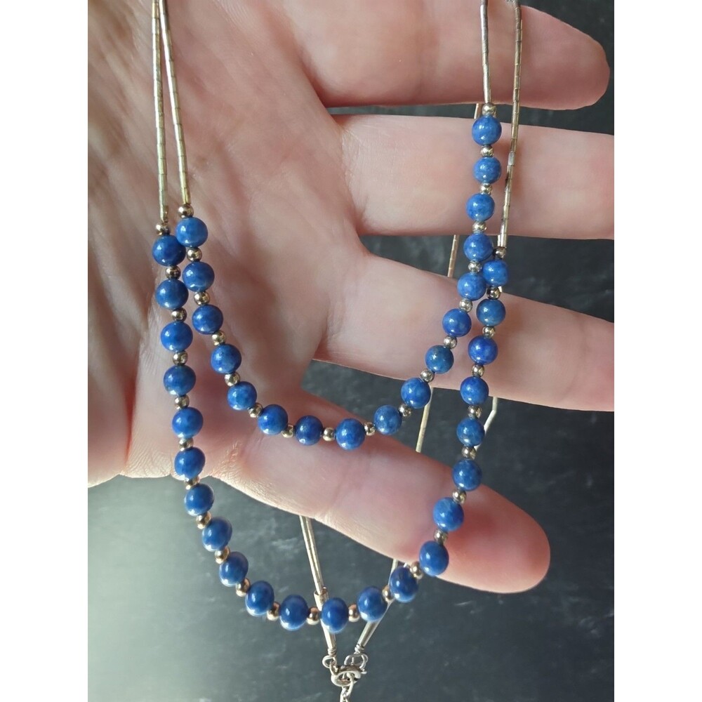 925 Sterling Liquid Silver Lapis Lazuli Beaded Double Stranded Necklace Vintage